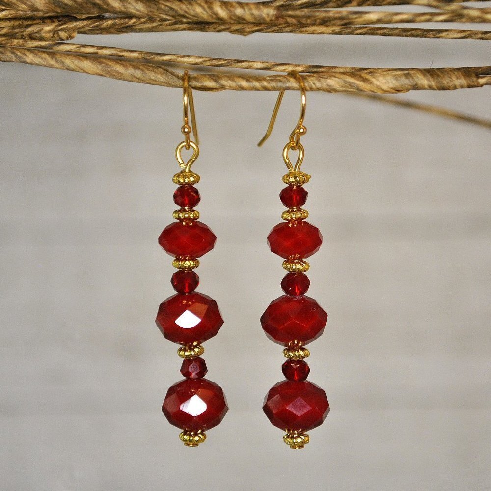 Red Faceted Crystal & Gold Earrings Handmade​​​​